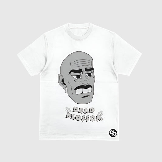 White t-shirt with a graphic of a face and 'Dead Blossom' text on a gray background
