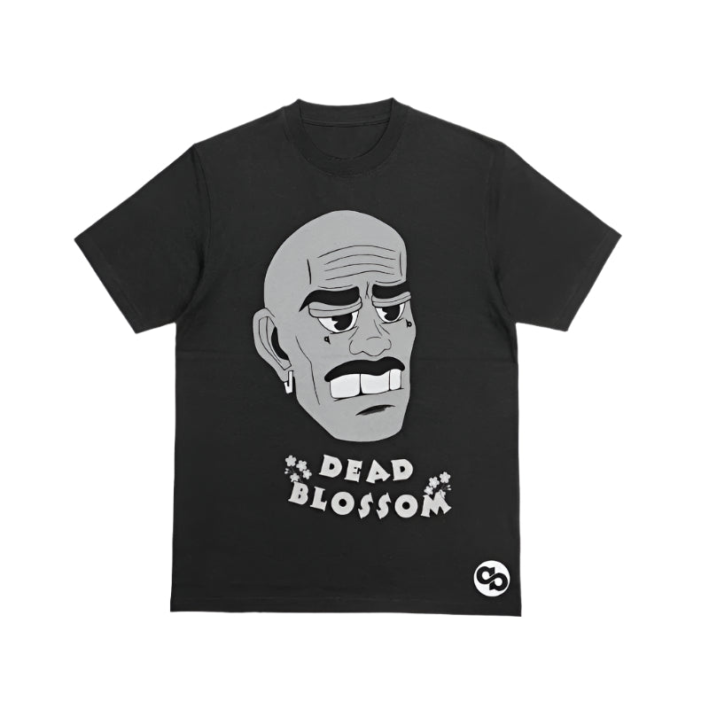 Black t-shirt with a graphic design and text on a gray background