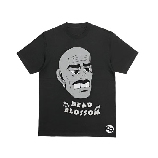 Black t-shirt with a graphic design and text on a gray background